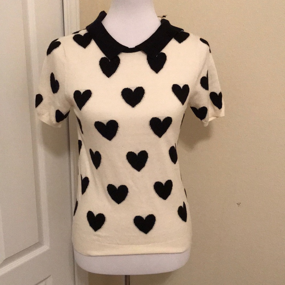 Cream Sweater with Black Hearts